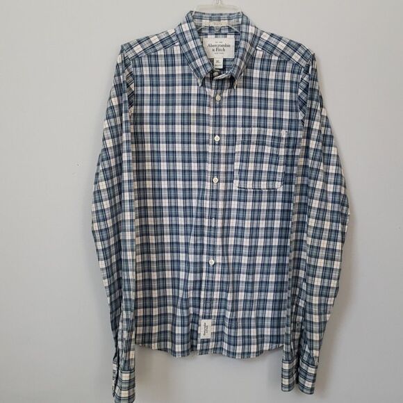 Abercrombie and Fitch Shirt Mens XL Cotton Blue White Plaid Muscle Button Down - Picture 1 of 10